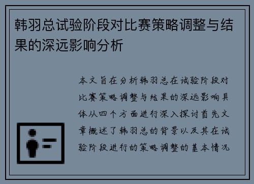 韩羽总试验阶段对比赛策略调整与结果的深远影响分析